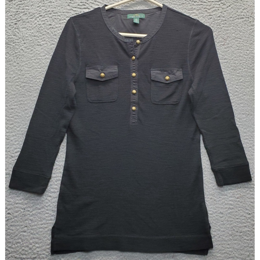 LRL Lauren Jeans Co. Ralph Lauren Top Womens M Black 3/4 Sleeve Button Placket